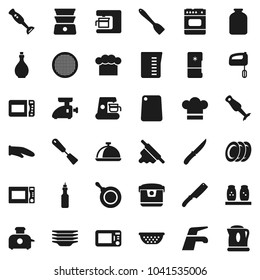 Flat vector icon set - water tap vector, plates, pan, oil, colander, measuring cup, cook hat, glove, spatula, knife, rolling pin, cutting board, microwave oven, double boiler, spices, blender, sieve