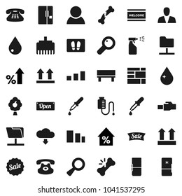 Flat vector icon set - water drop vector, welcome mat, sprayer, percent growth, consolidated cargo, top sign, sorting, classic phone, magnifier, dropper, broken bone, counter, network folder, bench