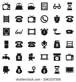 Flat vector icon set - water tap vector, washboard, kettle, glasses, alarm clock, abacus, money bag, sand, phone, big scales, film frame, tv, video camera, microphone, classic, fridge, kitchen