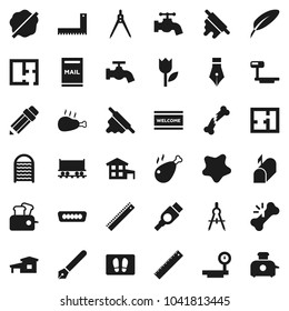 Flat vector icon set - water tap vector, splotch, welcome mat, washboard, rolling pin, chicken leg, pen, pencil, corner ruler, drawing compass, Railway carriage, tulip, big scales, hdmi, broken bone