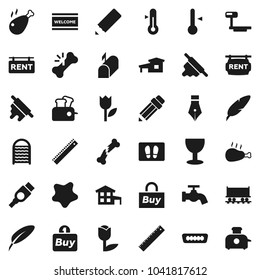 Flat vector icon set - water tap vector, splotch, welcome mat, washboard, rolling pin, thermometer, chicken leg, pen, pencil, ruler, Railway carriage, glass, tulip, big scales, hdmi, broken bone