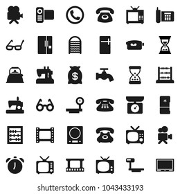 Flat vector icon set - water tap vector, washboard, kettle, glasses, alarm clock, abacus, sand, phone, big scales, film frame, tv, video camera, classic, fridge, money bag, kitchen, sewing machine