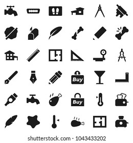 Flat vector icon set - water tap vector, splotch, welcome mat, rolling pin, thermometer, chicken leg, pen, pencil, corner ruler, drawing compass, glass, big scales, hdmi, broken bone, cottage, plan