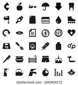 Flat vector icon set - water tap vector, drop, sprayer, kettle, skimmer, cutting board, mixer, jar, cake, pencil, apple fruit, pen, document, dollar coin, arrow down, calendar, cent sign, stopwatch