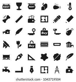 Flat vector icon set - water tap vector, splotch, welcome mat, rolling pin, thermometer, chicken leg, pen, pencil, corner ruler, drawing compass, Railway carriage, glass, tulip, big scales, hdmi