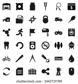 Flat vector icon set - water drop vector, ladle, bbq, jar, drawing compass, pen, document, molecule, flag, man, dollar calendar, any currency, bike, jump rope, no smoking, run, car, weight, speaker