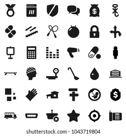 Flat vector icon set - water drop vector, rubber glove, ladle, calculator, school bus, presentation, target, man, dollar shield, jump rope, fitball, skateboard, medal, pills, stairways run, route