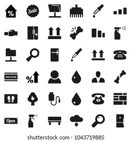 Flat vector icon set - water drop vector, welcome mat, sprayer, percent growth, consolidated cargo, top sign, sorting, classic phone, magnifier, dropper, broken bone, counter, network folder, bench