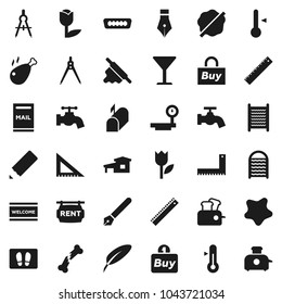 Flat vector icon set - water tap vector, splotch, welcome mat, washboard, rolling pin, thermometer, chicken leg, pen, pencil, corner ruler, drawing compass, glass, tulip, big scales, hdmi, cottage