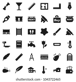 Flat vector icon set - water tap vector, splotch, welcome mat, washboard, rolling pin, thermometer, chicken leg, pen, corner ruler, drawing compass, Railway carriage, glass, tulip, big scales, hdmi
