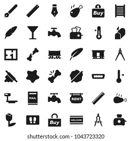 Flat vector icon set - water tap vector, splotch, welcome mat, washboard, rolling pin, thermometer, chicken leg, pen, ruler, drawing compass, Railway carriage, glass, tulip, big scales, hdmi, plan