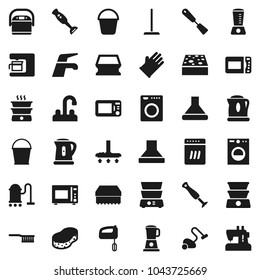 Flat vector icon set - water tap vector, vacuum cleaner, fetlock, mop, bucket, sponge, rubber glove, kettle, spatula, microwave oven, double boiler, blender, washer, dishwasher, mixer, coffee maker