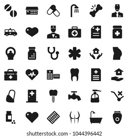 Flat vector icon set - water tap vector, liquid soap, house hold, pills vial, buttocks, first aid kit, no trolley, heart, doctor bag, ambulance star, pulse, broken bone, stethoscope, bottle, blister