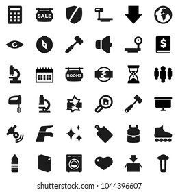 Flat vector icon set - water tap vector, shining, washing powder, meat hammer, cutting board, backpack, microscope, compass, annual report, man, sand clock, arrow down, presentation, calendar, earth