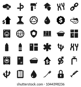 Flat vector icon set - water drop vector, car fetlock, window cleaning, foam basin, shining, dollar growth, medal, bottle, route, internet, ambulance star, gender sign, chromosomes, cloud lock, pond