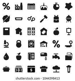 Flat vector icon set - water drop vector, tap, splotch, washer, pan, cook hat, meat hammer, bbq, cake, copybook, backpack, apple fruit, microscope, presentation, dollar calendar, stadium, stopwatch