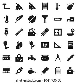 Flat vector icon set - water tap vector, splotch, welcome mat, washboard, rolling pin, thermometer, chicken leg, pen, pencil, corner ruler, drawing compass, Railway carriage, glass, tulip, hdmi, buy