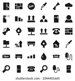 Flat vector icon set - water drop vector, sprayer, percent growth, consolidated cargo, top sign, sorting, classic phone, magnifier, dropper, broken bone, counter, network folder, bench, fruit tree