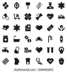 Flat vector icon set - water tap vector, house hold, heart pulse, buttocks, pills, monitor, no trolley, ambulance star, doctor, vial, crutches, broken bone, patch, stethoscope, bottle, blister, bath