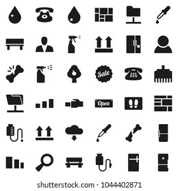 Flat vector icon set - water drop vector, welcome mat, sprayer, consolidated cargo, top sign, sorting, classic phone, magnifier, dropper, broken bone, counter, network folder, lan connector, bench