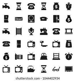 Flat vector icon set - water tap vector, washboard, kettle, glasses, alarm clock, abacus, money bag, sand, phone, big scales, film frame, tv, video camera, microphone, classic, fridge, closed