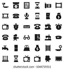 Flat vector icon set - water tap vector, washboard, kettle, glasses, alarm clock, abacus, money bag, sand, phone, big scales, film frame, tv, video camera, microphone, classic, fridge, closed