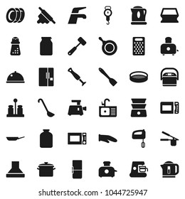 Flat vector icon set - water tap vector, sponge, plates, sink, pan, scales, cook glove, press, spatula, ladle, rolling pin, meat hammer, hand mill, grater, toaster, microwave oven, double boiler