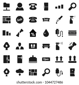 Flat vector icon set - water drop vector, welcome mat, sprayer, percent growth, consolidated cargo, top sign, sorting, classic phone, magnifier, dropper, broken bone, counter, network folder, bench
