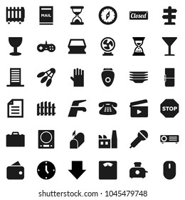 Flat vector icon set - water tap vector, sponge, rubber glove, plates, case, compass, document, clock, sand, arrow down, scales, shuttlecock, signpost, glass, cinema clap, microphone, classic phone