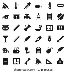 Flat vector icon set - water tap vector, splotch, welcome mat, washboard, rolling pin, thermometer, chicken leg, pen, pencil, corner ruler, drawing compass, glass, tulip, big scales, hdmi, cottage