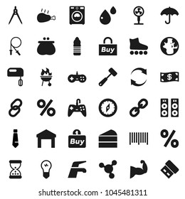 Flat vector icon set - water tap vector, washer, meat hammer, bbq, cake, chicken leg, drawing compass, world, molecule, tie, jump rope, muscule hand, roller Skates, bottle, umbrella, warehouse, link