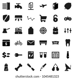 Flat vector icon set - water tap vector, spatula, hand mill, turk coffee, jar, backpack, schedule, leaf, constellation, exchange, binder, tie, dollar calendar, bike, boxing glove, target, bone, vial