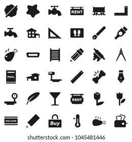 Flat vector icon set - water tap vector, splotch, welcome mat, washboard, rolling pin, thermometer, chicken leg, pen, pencil, corner ruler, drawing compass, Railway carriage, glass, tulip, hdmi, buy