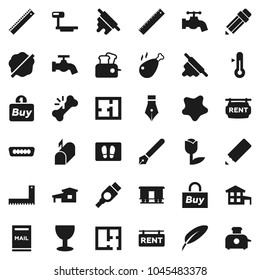 Flat vector icon set - water tap vector, splotch, welcome mat, rolling pin, thermometer, chicken leg, pen, pencil, corner ruler, glass, tulip, big scales, Railway carriage, hdmi, broken bone, plan