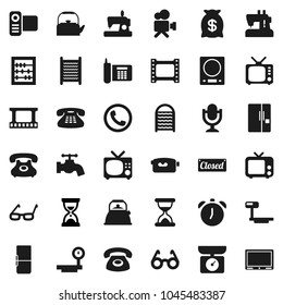Flat vector icon set - water tap vector, washboard, kettle, glasses, alarm clock, abacus, sand, phone, big scales, film frame, tv, video camera, microphone, classic, fridge, money bag, closed