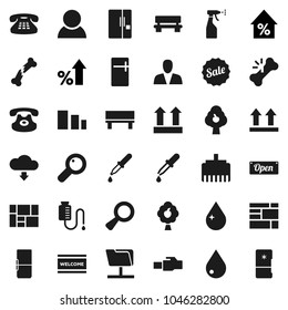 Flat vector icon set - water drop vector, welcome mat, sprayer, percent growth, consolidated cargo, top sign, sorting, classic phone, magnifier, dropper, broken bone, counter, network folder, bench