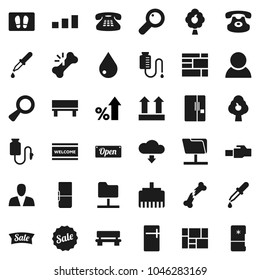 Flat vector icon set - water drop vector, welcome mat, percent growth, consolidated cargo, top sign, sorting, classic phone, magnifier, dropper, broken bone, counter, network folder, lan connector
