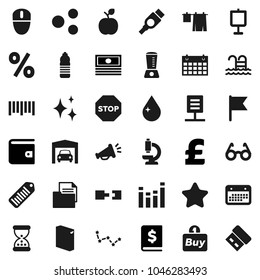 Flat vector icon set - water drop vector, shining, drying clothes, washing powder, glasses, apple fruit, presentation, flag, constellation, wallet, cash, annual report, pound, bottle, calendar, pool