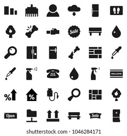 Flat vector icon set - water drop vector, welcome mat, sprayer, percent growth, consolidated cargo, top sign, sorting, classic phone, magnifier, dropper, broken bone, counter, network folder, bench
