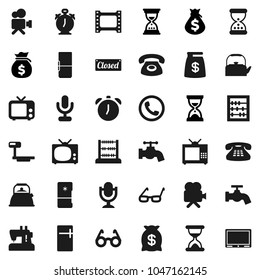 Flat vector icon set - water tap vector, kettle, glasses, alarm clock, abacus, money bag, sand, big scales, film frame, tv, video camera, microphone, classic phone, fridge, closed, sewing machine