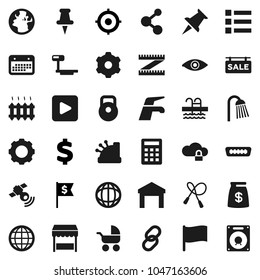 Flat vector icon set - water tap vector, shower, world, flag, target, dollar, sign, measuring, weight, jump rope, molecule, pool, earth, calendar, warehouse, big scales, satellitie, link, thumbtack