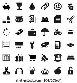 Flat vector icon set - water drop vector, camping cauldron, rolling pin, steak, cake, schedule, document, gold ingot, cart, piggy bank, diet, swimsuite, truck trailer, glass, umbrella, dry cargo