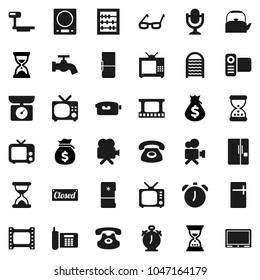 Flat vector icon set - water tap vector, washboard, kettle, glasses, alarm clock, abacus, money bag, sand, phone, big scales, film frame, tv, video camera, microphone, classic, fridge, closed