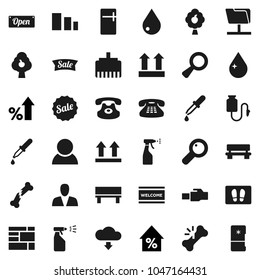 Flat vector icon set - water drop vector, welcome mat, sprayer, percent growth, consolidated cargo, top sign, sorting, classic phone, magnifier, dropper, broken bone, counter, network folder, bench