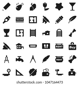 Flat vector icon set - water tap vector, splotch, welcome mat, washboard, rolling pin, chicken leg, pen, pencil, corner ruler, drawing compass, glass, tulip, big scales, hdmi, broken bone, cottage
