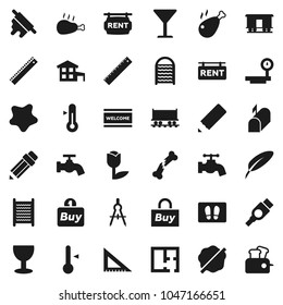 Flat vector icon set - water tap vector, splotch, welcome mat, washboard, rolling pin, thermometer, chicken leg, pen, pencil, corner ruler, drawing compass, Railway carriage, glass, tulip, hdmi, buy