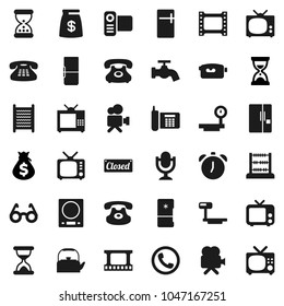 Flat vector icon set - water tap vector, washboard, kettle, glasses, alarm clock, abacus, money bag, sand, phone, big scales, film frame, tv, video camera, microphone, classic, fridge, closed