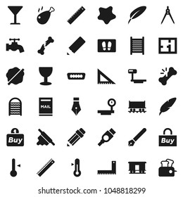 Flat vector icon set - water tap vector, splotch, welcome mat, washboard, rolling pin, thermometer, chicken leg, pen, pencil, corner ruler, drawing compass, Railway carriage, glass, big scales, hdmi