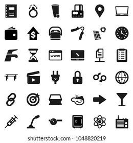Flat vector icon set - water tap vector, sponge, trash bin, copybook, atom, credit card, wallet, dollar growth, safe, hand trainer, horizontal bar, clock, glass, cinema clap, internet, notebook pc