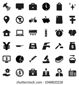 Flat vector icon set - water tap vector, clothespin, sponge, shining, washing powder, house hold, pan, cutting board, spices, case, microscope, notebook pc, alarm clock, dollar coin, pie graph, bike
